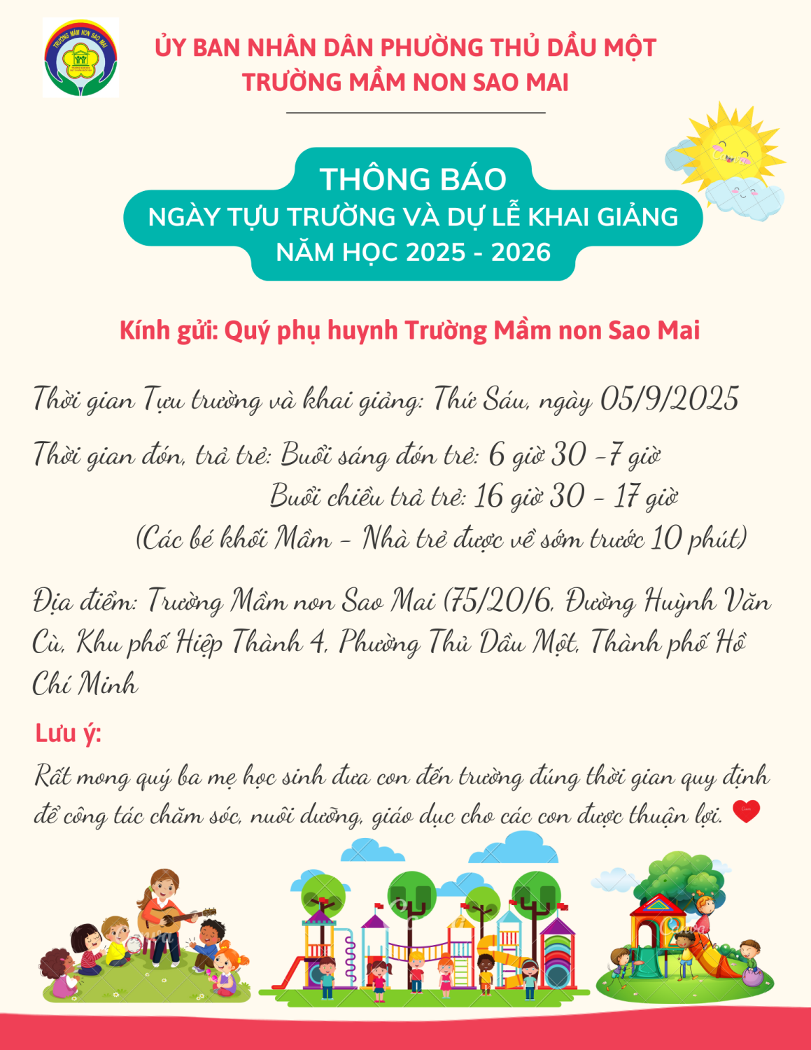 Thông báo Ngày tưu trường của trẻ và dự Lễ Khai giảng năm học 2025 2026