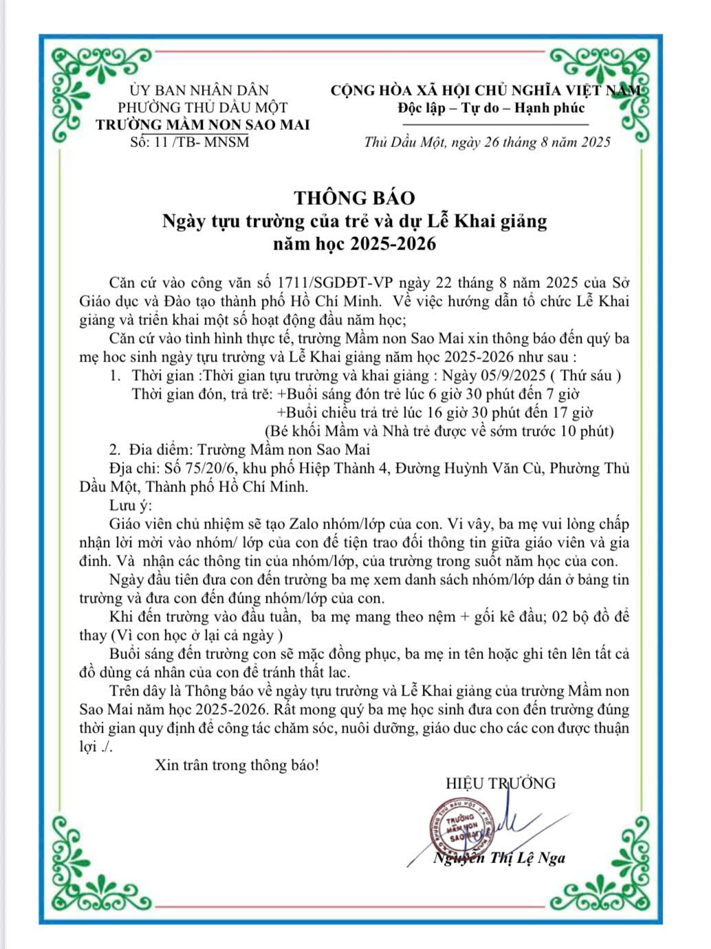 gen h Thông báo KG năm học 2025 2026